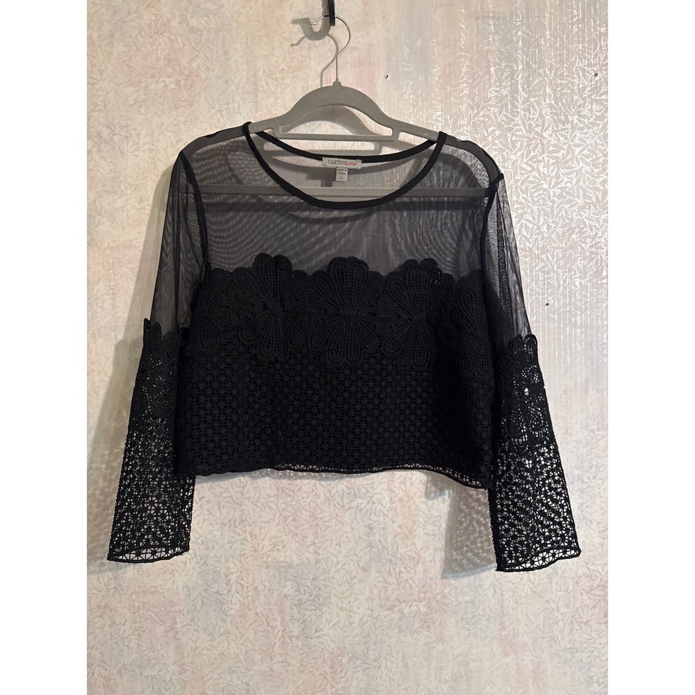 Casting LA Black Sheer Mesh Floral Crochet Lace Crop Top Long Sleeve Size L